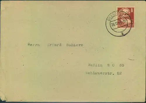 1951, 8 Pfg. Köpfe I als EF auf Drucksache ab DRESDEN nach Berlin.