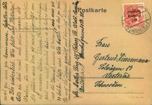 1948, Auslanspaostkarte mit Einzelfrankatur 30 Pfg. Arbeiter ab TABARZ nach Schweden - 192