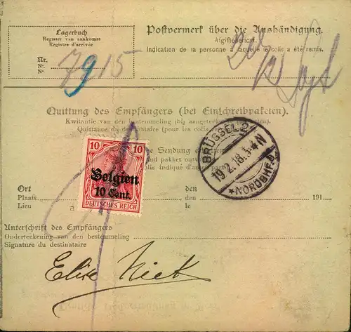 1918, Paketkarte ab "NEUFCHATEAUX Provinz Luxemburg nach Brüssel