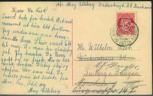 1915, BUERAU REEXP: DE KRISTIANIA Retour Postkarte urprünglich nach Freiburg/Breisg.