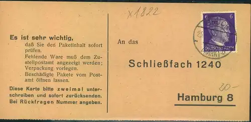 1943, Liebesgabenpaket-Bestätigung aus BRÜCK (MARK)