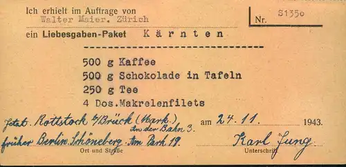 1943, Liebesgabenpaket-Bestätigung aus BRÜCK (MARK)