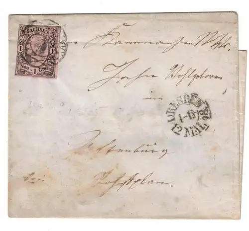 1858, Brief mit 1 Ngr. Johann, Nummernstempel "1" ab DRESDEN