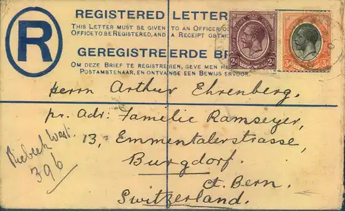 1920,  Incoming Mail, 4d Einschrebumschlag mit 2 und 3d Zusatzfranktur ab "RIEBECK WEST" nach Bern, Schweiz