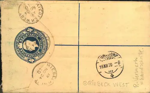 1920,  Incoming Mail, 4d Einschrebumschlag mit 2 und 3d Zusatzfranktur ab "RIEBECK WEST" nach Bern, Schweiz