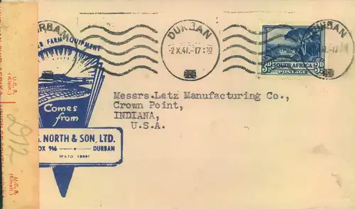 1941, illustrated envelope from DURBAN with censor to Indiana, USA