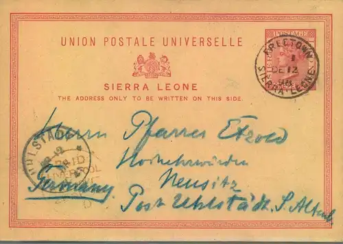 1898, one d Victoria stationery card from FREETON to Uhlstädt with red "Paid Liverpool"