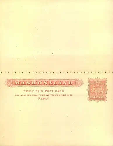 One Penny "Reply paid Post Card" unused MASHONALAND