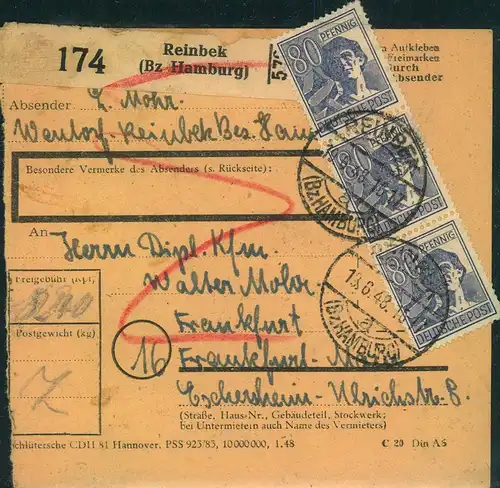1948, 80 Pfg. Arbeiter im senkrechten 3-er-Streifen auf Paketkarte ab REINBEK (Bz. Hamburg) - 957 (3)