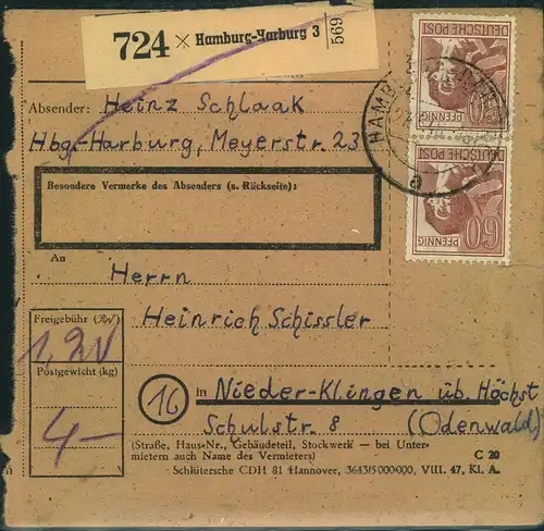 1948,60 Pfg. Arbeiter im senkrechten Paar auf Paketkarte ab "HAMBURG-hARBURG 3" - A 956 (2)