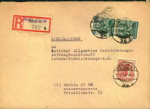 1948, Ortseinschreiben 2. Stufe mit überstempeltem R-Zettel "Berlin SO 36" auf "Berlin 93"