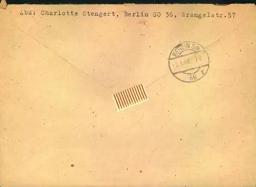 1948, Ortseinschreiben 2. Stufe mit überstempeltem R-Zettel "Berlin SO 36" auf "Berlin 93"