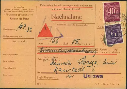 1947, Nachnahme-Drucksache des Finanzsamts UELZEN mit 6 und 40 Pfg. Ziffer nach Hannover - 916,929 (100,-)