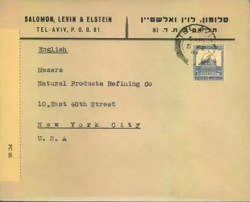 1941, business letter from TEL AVIV "Opened by Censor" to New York.