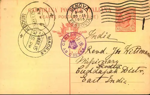 1915: 10 Cent. Ganzsachenkarte ab GENOVA nach Indien. Mit blauem "PASSED BY CENSOR No. 11".
