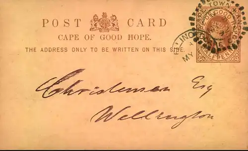 1892: Half Penny stat. card sent drom Cape Town to Wellington