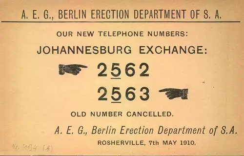 1910 ca, stat. card with adertisment A.E.G. BERLIN ERECTION DEPARTEMENT of S.A.