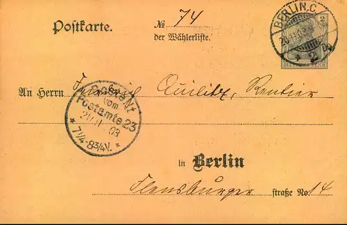 1903: Wahlkarte zur Stadtverordnetenwahl, Wahlbezirk No. 15. sauber gebraucht.