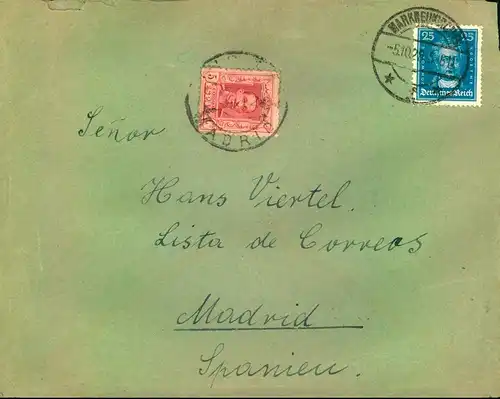 1928: Auslandsbrief ab MARNEUKIRCHEN m. spanischer Postlagergebühr -