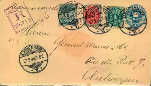 1897: 4 Öre GSU mit Zusatzfrankatur als R-Brief ab KOPENHAGEN nach Belgien
