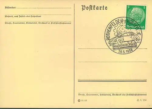 1939, Sonderstempel ROTHENFELDE, Grundsteinleguung Volkswagenwerk - Käfer, Beetle