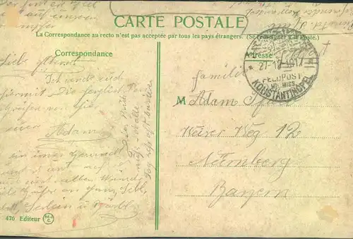 1917, Feldpost, "Mil. Miss. KONSTANTINOPEL", Ansichtskarte nach Nürnberg