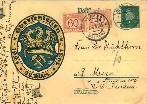 1931, 8 Pfg. stationery card from Bernburg, Germany to Meran taxed with 10 and 60 Cent. "Segnatasse" (to pay)
