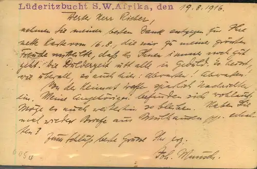 1916, BRITISCHE BESETZUNG, Kriegsgefangenenkarte ab LÜDERITZBUCHT mit Zensur in das Lager AUS.