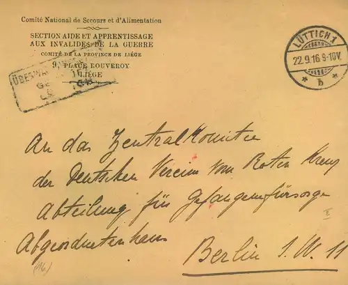 1916, POW letter from LÜTTICH to Red Cross in Berlin.