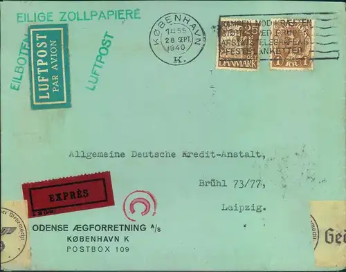 1940, expess letter air mail from KOBENHAVN to Leipzig with german OKW censor.
