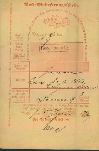 1870, Ortsdruck-Postschein "Recommandi LEIPZIG