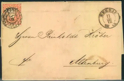 1863, 11.7.: Briefhülle mit 1/2 Ngr. Nr-Stempel "58" ab WERDAU. Früher Brief, Ersttag der Wappenausgabe 1.7.63