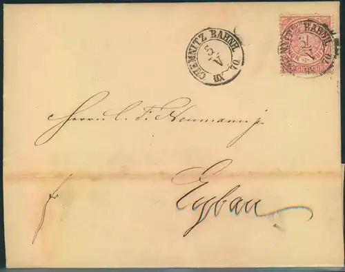 1870, "CHEMNITZ BAHNH.", nachverwendeter Sachsen K2 auf Umschlag mit 1 Gr. NDP