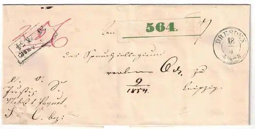 1854, Paketbegleitung von DRESDEN nach Leipzig mit Papiersiegel und STADTPOST-Stempel rückseitig.