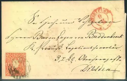 1864, Teil.Ortsbrief mit 1/2 Ngr. und seltenem roten "STADTPOST"-Stempel, Nummernstempel schwach.