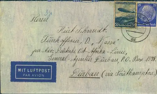 1937, Luftpostbrief ab BERLIN O 17 an "Finkoffizier D. "Njassa"  Deutsche Ost-Afrika-Linie, Agentur Durban