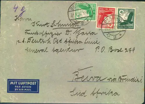 1937, Luftpostbrief ab BERLIN O 17 an "Finkoffizier D. "Njassa"  Deutsche Ost-Afrika-Linie, Agentur Beira