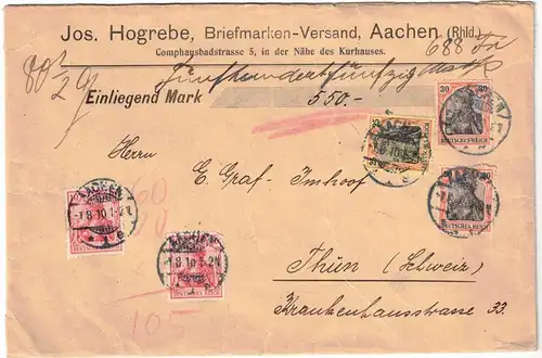 1910, Auslands- Wertbrief über 550,- Mark ab AACHEN nach Thun, Schweiz mit Germaniafrankatur
