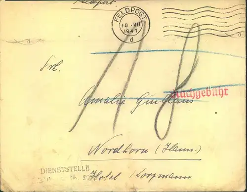 1941, FELDPOST, Brief m. Maschinenstempel, FP-Nr. 20124, o. Briefstempel, Nachgebühr gestrichen.