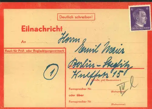 1944, Eilnachrichtenkarte von Stuttgart nach Berlin-Steglitz.