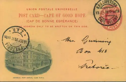 1899, One Penny stationery card from "G.P.O. CAPETOWN to "PRETORIA Z.A.R."