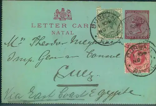 1902, uprated card leter DUrBAN to SUEZ