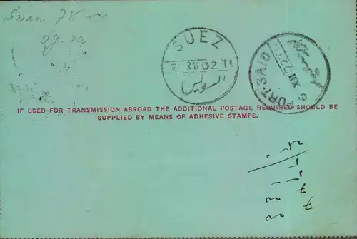 1902, uprated card leter DUrBAN to SUEZ