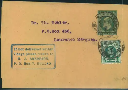 1906, uprated wrapper from Durban to Lourence Marques, arrival mark on reverse.