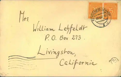 1947, 2-mal 25 Pfg. Ziffer auf Auslandsbrief ab REMSCHEIDLENNEP nach Californien - Michel 927 (2)