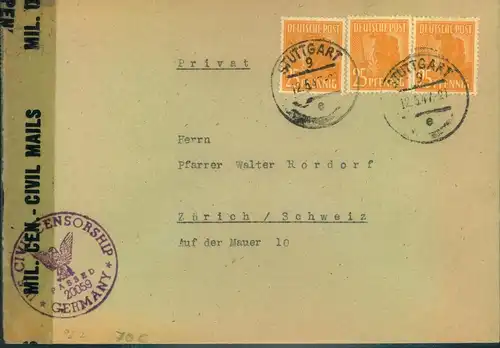 1947, 25 Pfg. Arbeiter 3-mal auf Auslandsbrief ab STUTTGART mit US-Zensur in die Schweiz. - 952 (3)