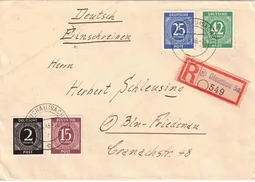 1946, Einschreiben mit u.a.42 und 25 Pfg. Ziffer auf Eisnchreiben mit Not-R-Zettel "(10) Glauchau (sachs)