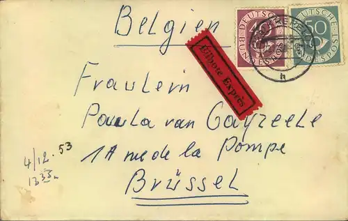 1953, POSTHORN: Auslandseilbrief ab "(22a) KREFELD" nach Brüssel - 133,134