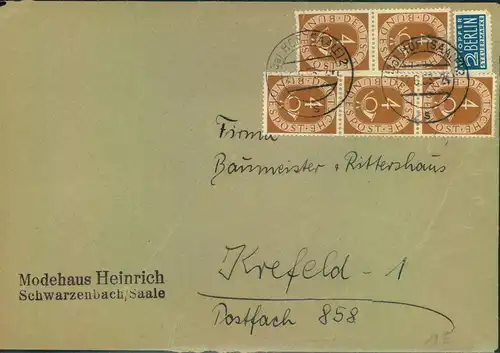 1953, POSTHORN, 5-mal 4 Pfg. auf Fernbrief ab SCHWARZENBACH (SAALE)