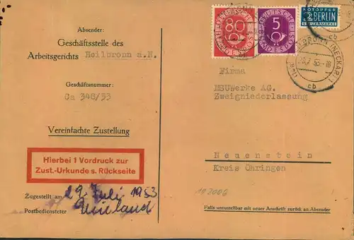 1953, POSTHORN, Zustellung von HEILBRONN (NECKAR)